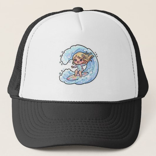 かわいいかわいらしいサーフィン娘 海の波 夏のビーチ S キャップ (正面)
