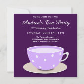 かわいいかわいらしティーカップ | パープル誕生日ティーパーティー 招待状 (正面)