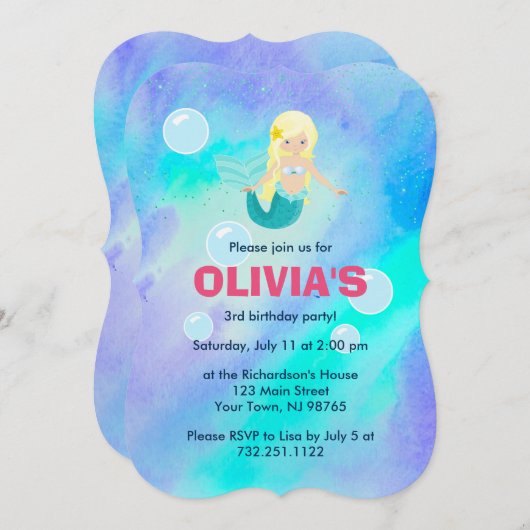 かわいいかわいらしマーメイドガールズ誕生日ブルーウォーター色 招待状 (正面/裏面)