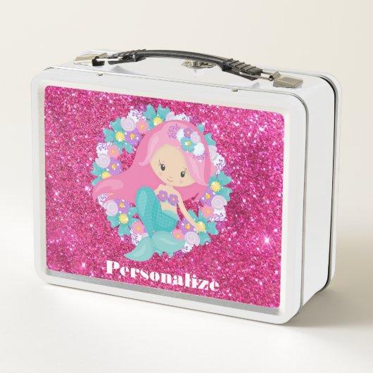 かわいいかわいらしマーメイドピンクグリッターパーソナライズされた メタルランチボックス (裏面)