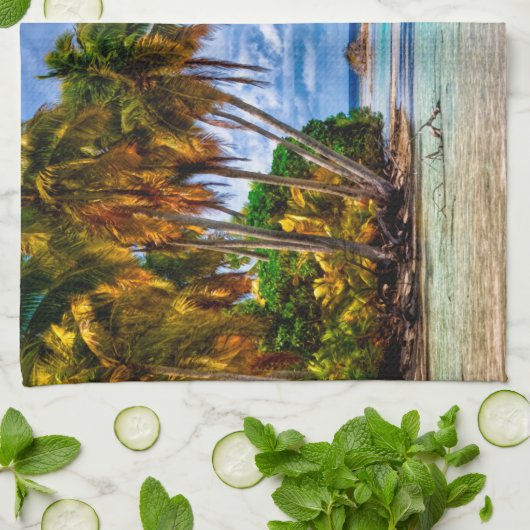 かわいいかわいらし夏ハワイアンビーチ水彩 キッチンタオル (折り畳み)