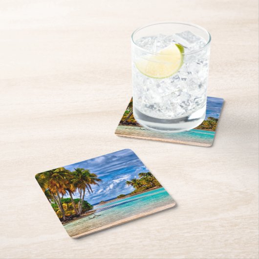 かわいいかわいらし夏ハワイアンビーチ水彩 スクエアペーパーコースター (インサイチュ)