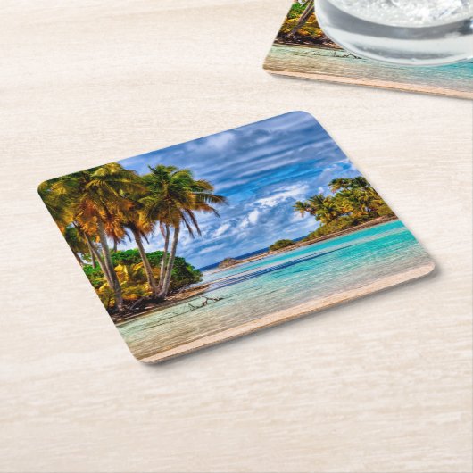 かわいいかわいらし夏ハワイアンビーチ水彩 スクエアペーパーコースター (アングル)