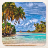 かわいいかわいらし夏ハワイアンビーチ水彩 スクエアペーパーコースター (正面)