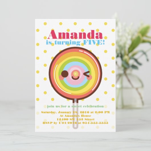 かわいいかわいらし虹棒つきキャンデー誕生日 招待状 (スタンド正面)