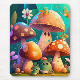 かわいいきのこや花と虫が緑色    マウスパッド