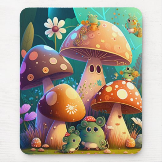 かわいいきのこや花と虫が緑色    マウスパッド (正面)