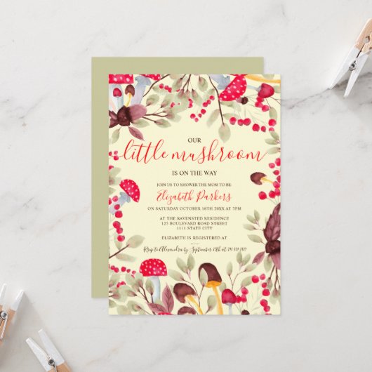 かわいいきのこ 水彩 ルーラル フォレスト ベイビー シャワー 招待状 (正面/裏面インサイチュ)