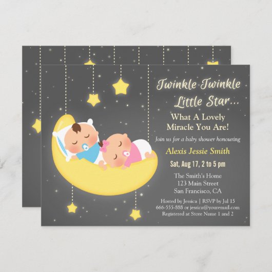 かわいいきらめきのきらめきは少し星ベビーシャワーを結び付けます 招待状 (正面/裏面)