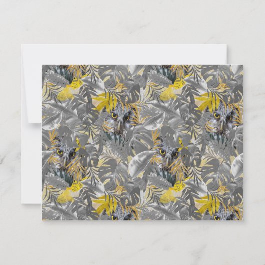 かわいいきらめくフクロウ – 目&グレー葉イエロー 招待状 (裏面)