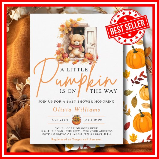 かわいいくまちゃん オータム リトル パンプキン 秋の ベイビーシャワー 招待状