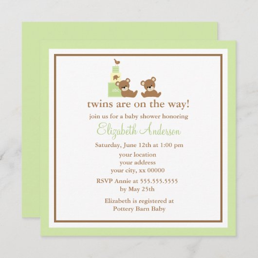 かわいいくまの双生児のベビーシャワー 招待状 (正面/裏面)