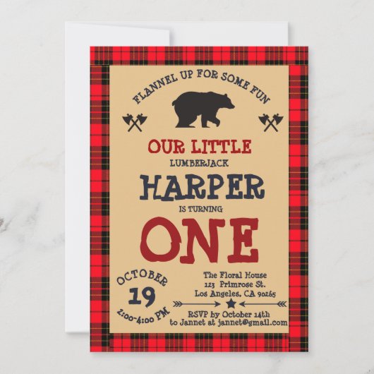 かわいいくまの樵の第1誕生日の森林格子縞 招待状 (正面)