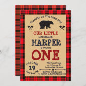 かわいいくまの樵の第1誕生日の森林格子縞 招待状 (正面/裏面)