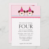 かわいいくま-ピンクは誕生日の招待状を結び付けます 招待状 (正面/裏面)