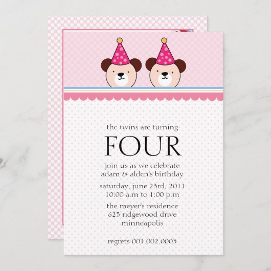 かわいいくま-ピンクは誕生日の招待状を結び付けます 招待状 (正面/裏面)