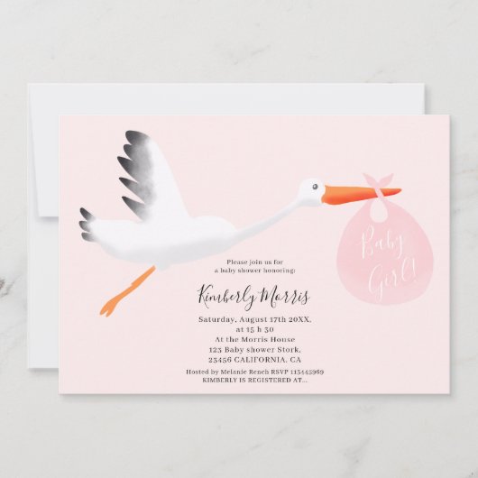 かわいいこうのとりのピンクのバッグのイラストレーションの女の赤ちゃんのシャワー 招待状 (正面)