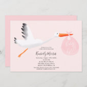 かわいいこうのとりのピンクのバッグのイラストレーションの女の赤ちゃんのシャワー 招待状 (正面/裏面)