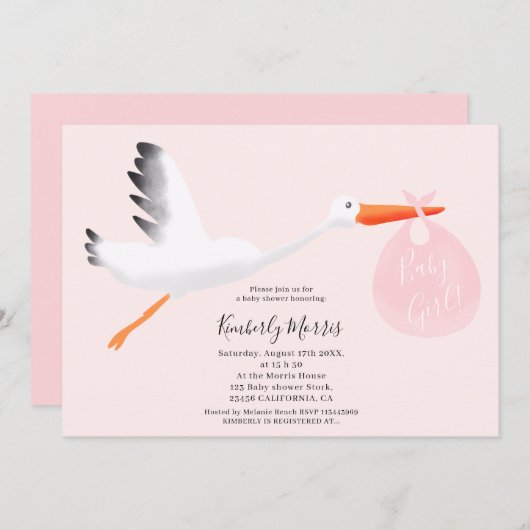 かわいいこうのとりのピンクのバッグのイラストレーションの女の赤ちゃんのシャワー 招待状 (正面/裏面)