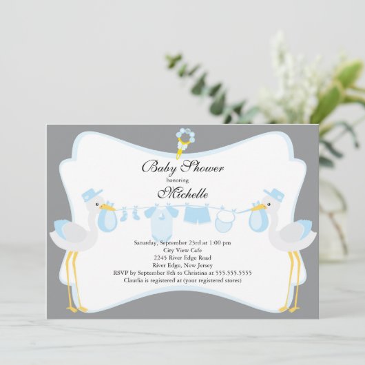 かわいいこうのとりの男の子のベビーシャワーの招待状 招待状 (スタンド正面)