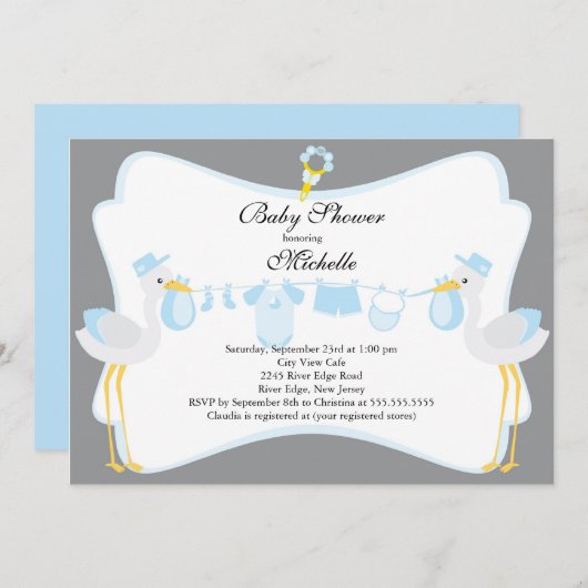 かわいいこうのとりの男の子のベビーシャワーの招待状 招待状 (正面/裏面)