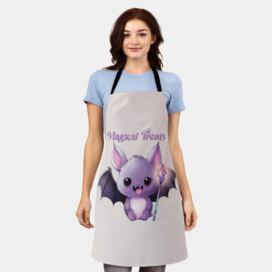 かわいいこうもりと魔法のおすすめ エプロン (着用した状態)