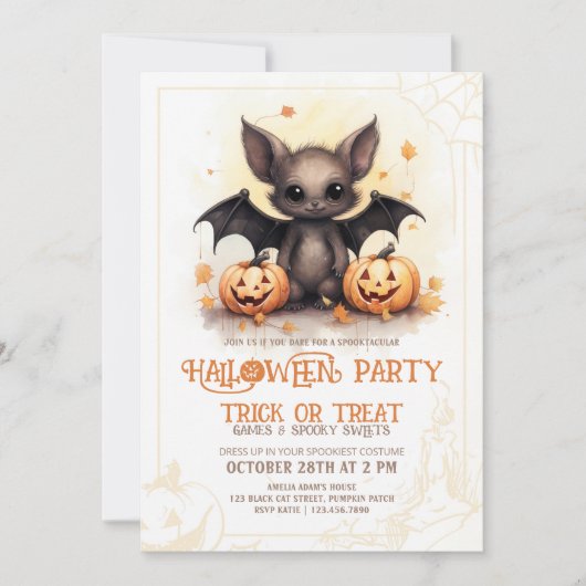 かわいいこうもりハローウィンパーティ 招待状 (正面)