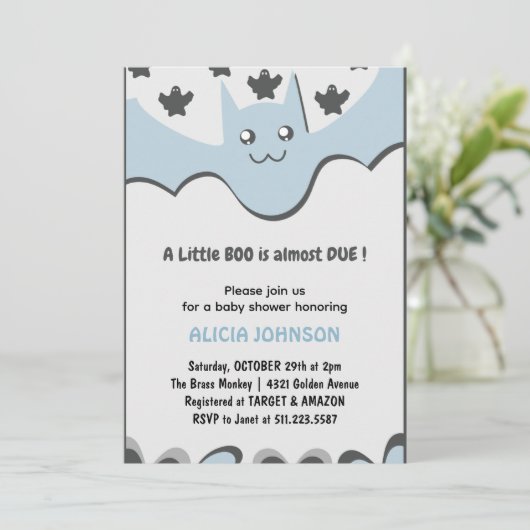 かわいいこうもりボーイ小さなブハロウィーンの赤ちゃんシャワー 招待状 (スタンド正面)