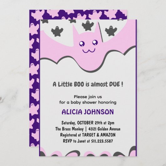 かわいいこうもり紫の小さなブハロウィーンの赤ちゃんシャワー 招待状 (正面/裏面)