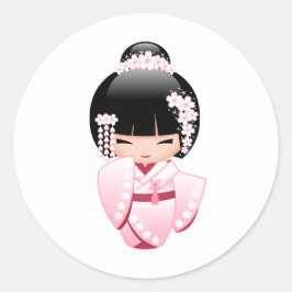かわいいこけし人形のピンクの着物 ラウンドシール