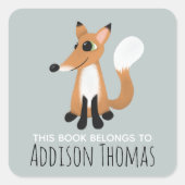 かわいい'この本は属する'キツネキッズ蔵書票 スクエアシール (正面)