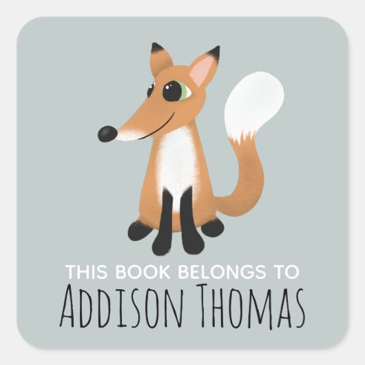 かわいい'この本は属する'キツネキッズ蔵書票 スクエアシール (正面)