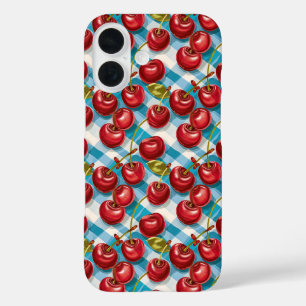 かわいいさくらんぼと青い格子柄 iPhone 16ケース