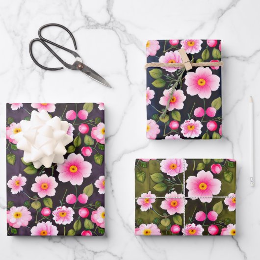 かわいいさくらんぼの花赤、青、黄色 ラッピングペーパーシート (正面)