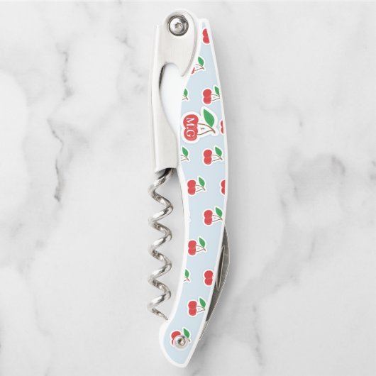 かわいいさくらんぼの茎オンライトブルーモノグラム ソムリエナイフ (正面)