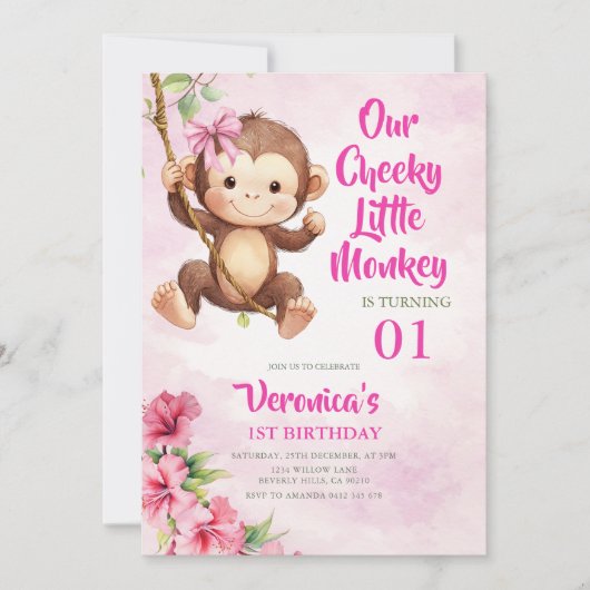 かわいいさくらんぼの1歳の誕生日 サファリ 招待状 (正面)