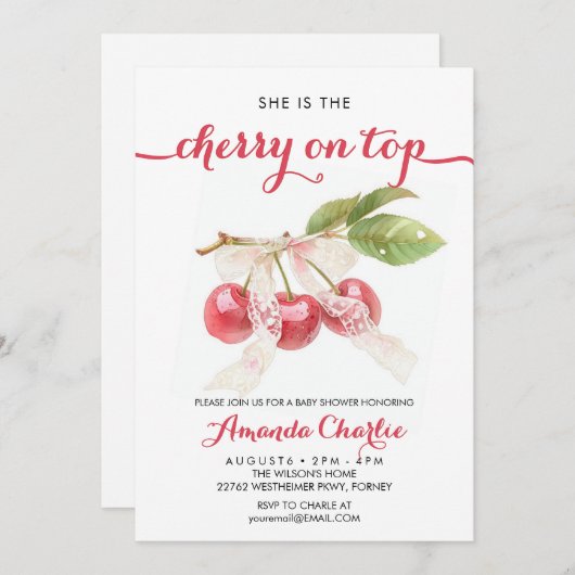 かわいいさくらんぼオントップガールベビーシャワー 招待状 (正面/裏面)