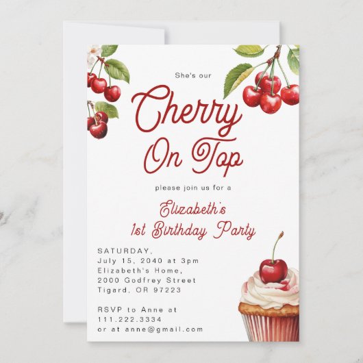 かわいいさくらんぼオントップ第1誕生日 招待状 (正面)