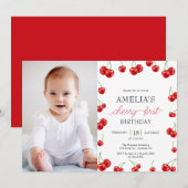 かわいいさくらんぼガールベリーファースト誕生日パーティー 招待状 (正面/裏面)
