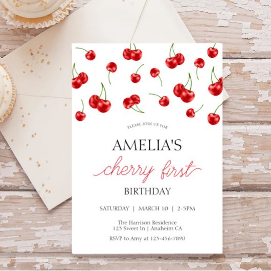かわいいさくらんぼガールベリーファースト誕生日パーティー 招待状