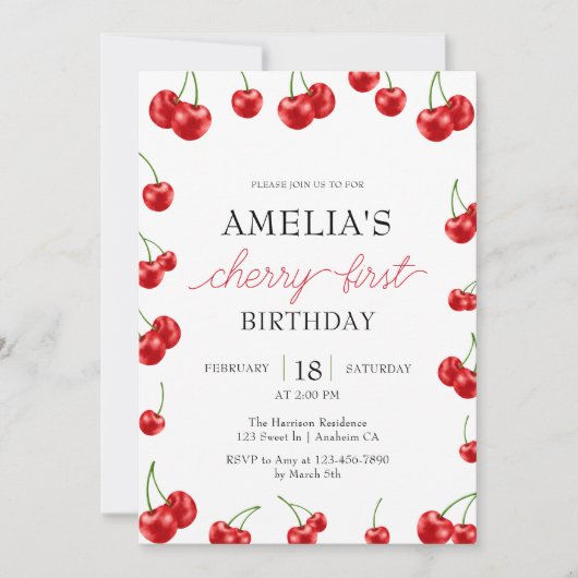 かわいいさくらんぼガールベリーファースト誕生日パーティー 招待状 (正面)