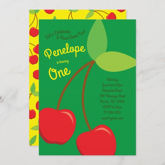 かわいいさくらんぼズキッズ第1誕生日パーティーさくらんぼ 招待状 (正面/裏面)