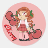 かわいいさくらんぼテーマチビ(小さくかわいく書いた感じ)とさくらんぼ背景 ラウンドシール (正面)