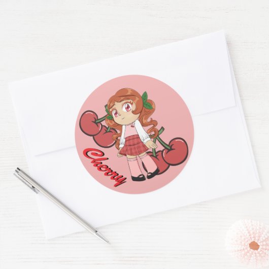 かわいいさくらんぼテーマチビ(小さくかわいく書いた感じ)とさくらんぼ背景 ラウンドシール (封筒)