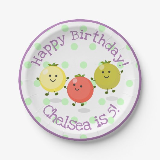 かわいいさくらんぼトマトフレンズ漫画イラストレーション ペーパープレート (正面)