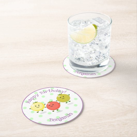 かわいいさくらんぼトマトフレンズ漫画イラストレーション ラウンドペーパーコースター (インサイチュ)