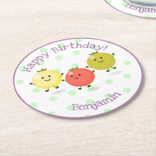 かわいいさくらんぼトマトフレンズ漫画イラストレーション ラウンドペーパーコースター (アングル)