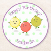 かわいいさくらんぼトマトフレンズ漫画イラストレーション ラウンドペーパーコースター (正面)