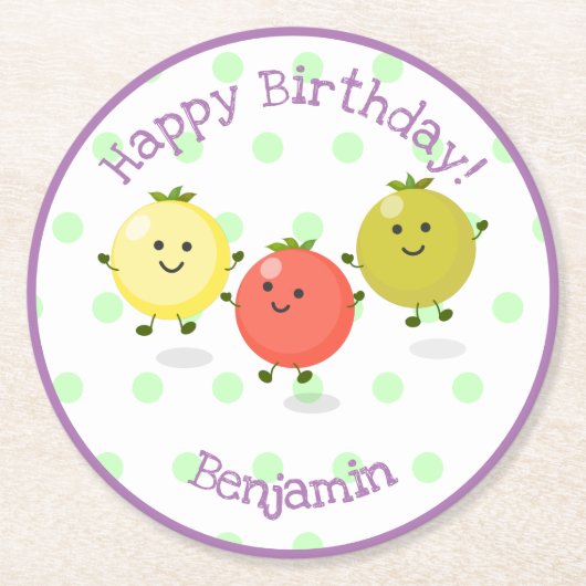 かわいいさくらんぼトマトフレンズ漫画イラストレーション ラウンドペーパーコースター (正面)