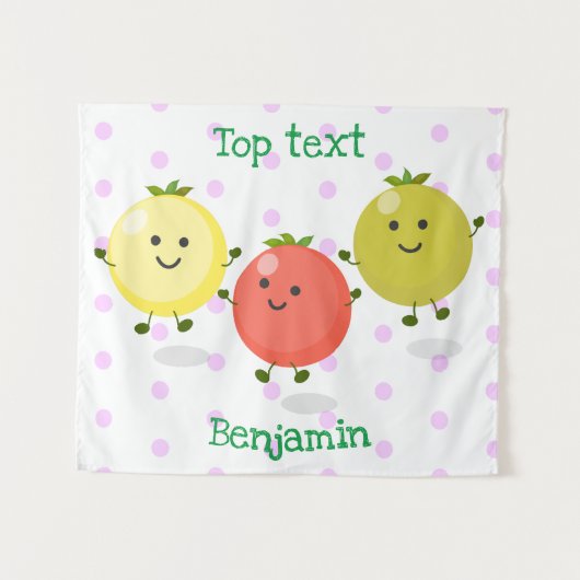 かわいいさくらんぼトマト漫画イラストレーション タペストリー (正面(横))